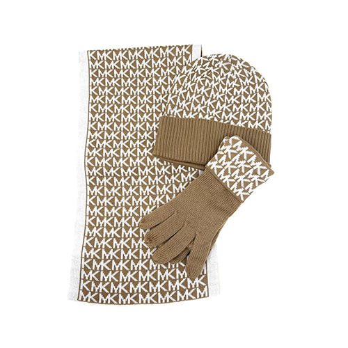 Michael Kors Women's Camel/Cream Circle Logo Scarf, Hat, and Glove Set